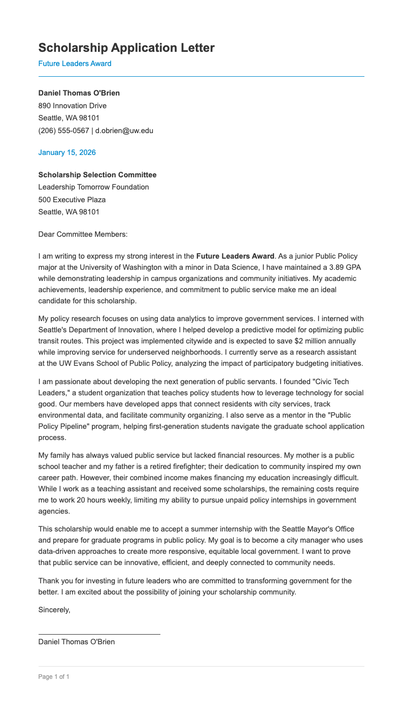 Left Aligned Scholarship Letter